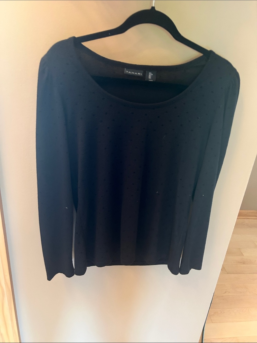 Tahari Black Long Sleeve Scoop Neck Knit Top with Dot Texture
